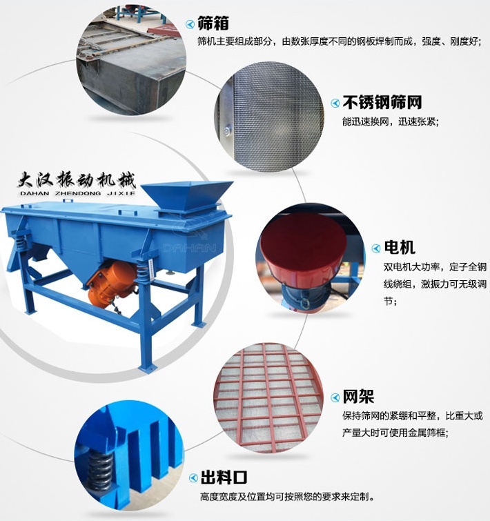 525型直線振動篩結構細節(jié)：篩箱：篩機主要組成部分，由數張厚度不同的鋼板焊制而成，強度，剛度好。不銹鋼篩網：能速換網，迅速張緊。電機：雙電機大功率，定子全銅線繞組，激振力可無級調節(jié)。網架：保持篩網的緊繃和平整，比重大或產量大時可使用金屬篩框。出料口：高度寬度及位置均可按照您的要求定制。