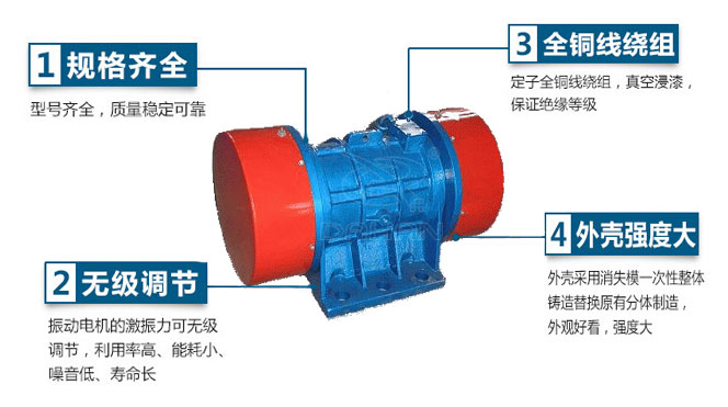VB振動電機(jī)特點：1，規(guī)格齊全：型號齊全，質(zhì)量穩(wěn)定可靠。2，無極調(diào)節(jié)：振動電機(jī)的激振力可無極調(diào)節(jié)，利用率高，能耗小，噪音低，壽命長。4，外殼輕度大：外殼采用消失模一次性整體鑄造替換原有分體制造，外觀好看，強(qiáng)度大。