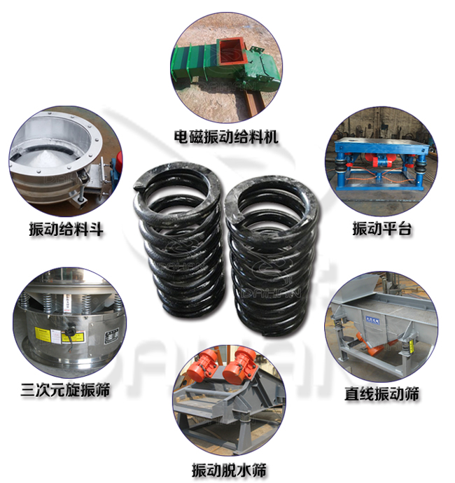 旋振篩減震彈簧適用產(chǎn)品：振動給料機(jī)，電磁振動給料機(jī)，振動平臺，直線振動篩，振動脫水篩，三次元旋振篩。