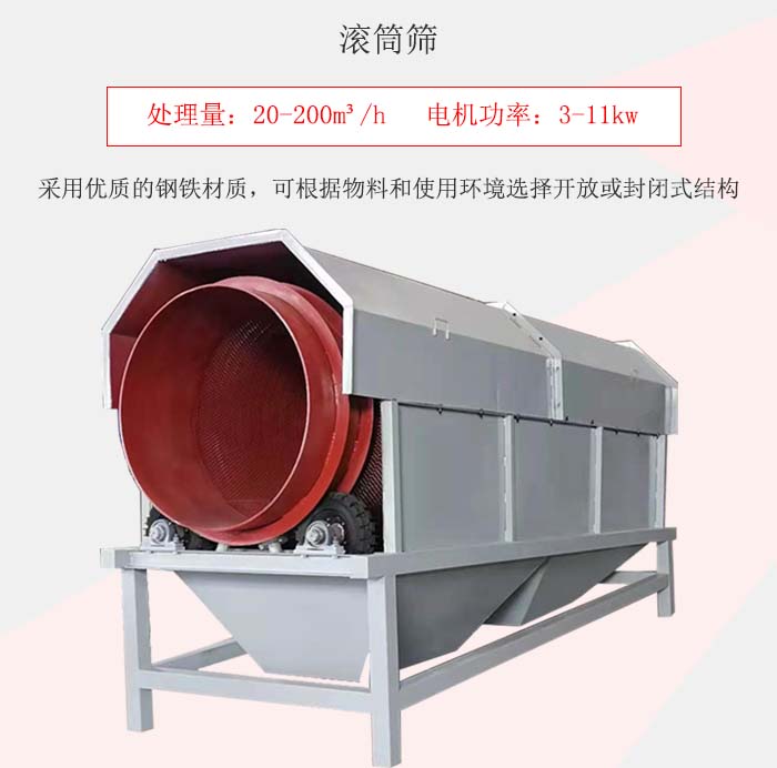 滾筒篩采用優(yōu)質(zhì)的鋼鐵材質(zhì)，可根據(jù)物料和使用環(huán)境選擇開放或封閉式結(jié)構(gòu)
