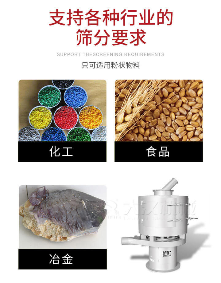 氣流篩用于礦粉，石墨粉，活性納米碳酸鈣，鋁灰，大豆粉，碳酸重鈣，石墨粉，木粉，干草，重金石粉，藥粉末，橡膠顆粒，草酸鹽，干料粉，木粉，聚酯粉，干粉，塑料，金屬粉末，橡膠粉，粉煤灰，石墨粉，陶瓷粉，鋅粉，石英粉，石灰粉，鐵粉，金屬硅粉等。