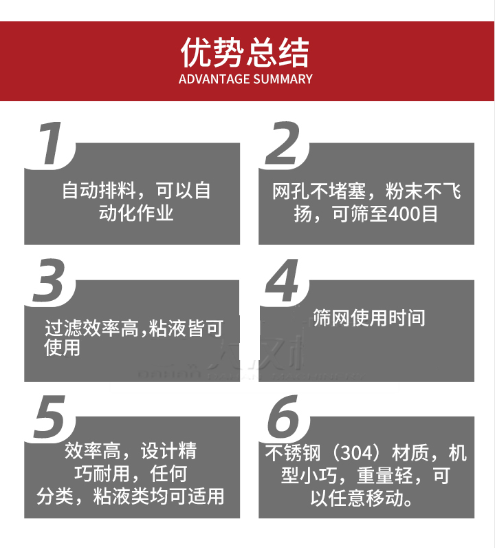 過濾篩優(yōu)勢總結：1，自動排料，可以自動化作用。2，網孔不堵塞，粉塵不飛揚，可篩至400目。3，過濾效率高，任何粒，粉，粘液也可使用。4，篩網設計大大提高了篩網使用時間，也魏換網提高了方便。5，效率高，設計精巧耐用，任何分類設計精巧耐用，任何分類，粘液類均可適用。6，不銹鋼材質機型小巧，重量輕，可以任意移動。