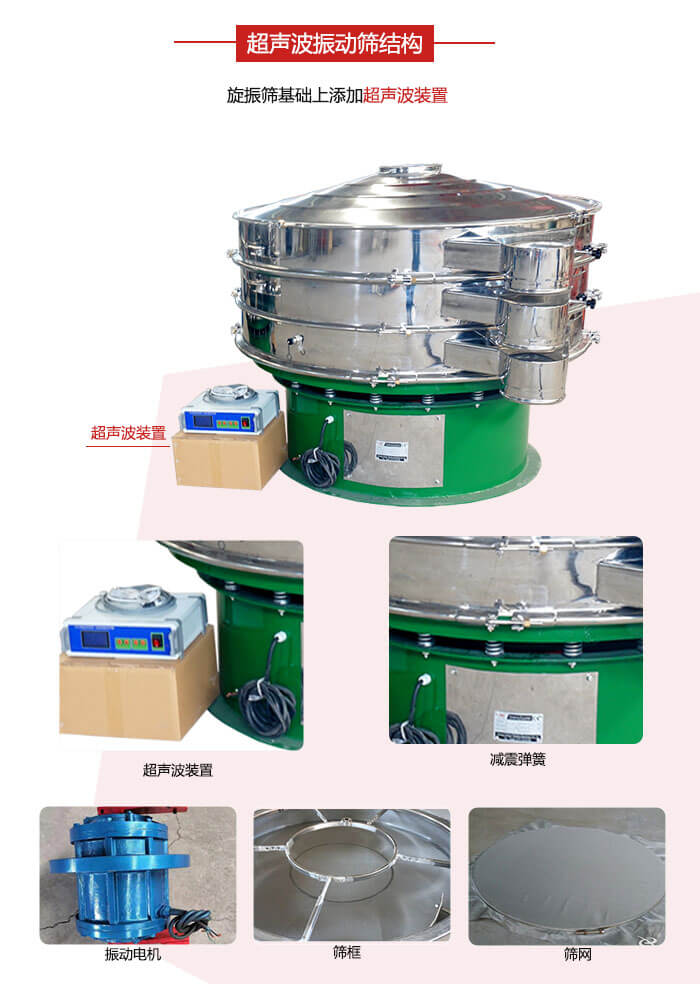 圓篩機(jī)內(nèi)部結(jié)構(gòu)：主要由振動電機(jī)、篩框、篩網(wǎng)、超聲波系統(tǒng)、減震彈簧等展示圖