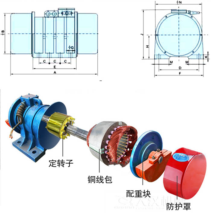 ZFB倉壁振動器外形尺寸字母代表：A為整機(jī)長度F為整機(jī)寬度B為主機(jī)寬度等。結(jié)構(gòu)：定轉(zhuǎn)子，銅線包，配重塊，防護(hù)罩等。