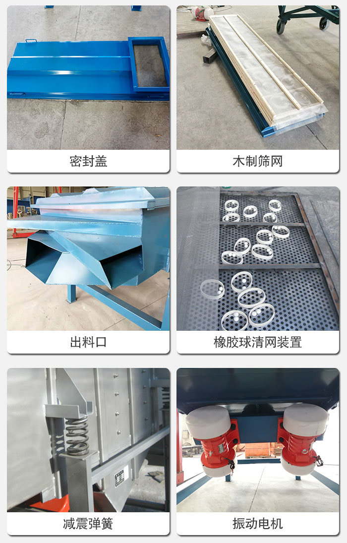 直線篩結(jié)構(gòu)展示：篩網(wǎng)，篩箱，振動(dòng)電機(jī)，振動(dòng)電機(jī)座，減震彈簧，支架等部件展示圖
