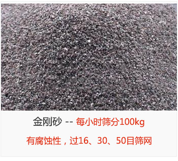 篩分金剛砂每小時(shí)100kg，有腐蝕性，過16、30、50目篩網(wǎng)