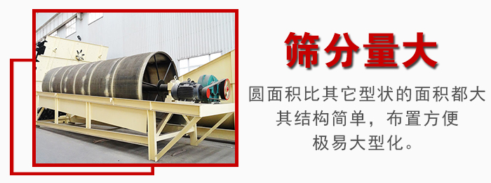滾筒篩篩分產(chǎn)量大，產(chǎn)量可達(dá)200噸/時(shí)