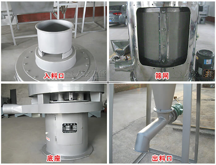 氣流篩部件展示：入料口，篩網(wǎng)，底座，出料口等。