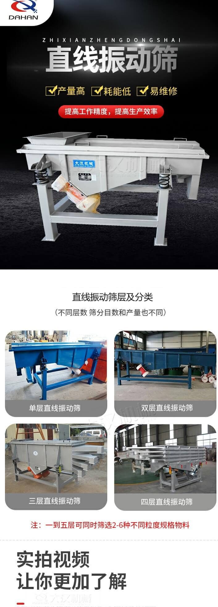 直線振動篩概述，產(chǎn)量高，耗能低，易維修，提高工作精度，提高生產(chǎn)效率，直線振動篩層級分類：不同層數(shù)，篩分目數(shù)和產(chǎn)量也不同：單層，雙層，三層，四層等。
