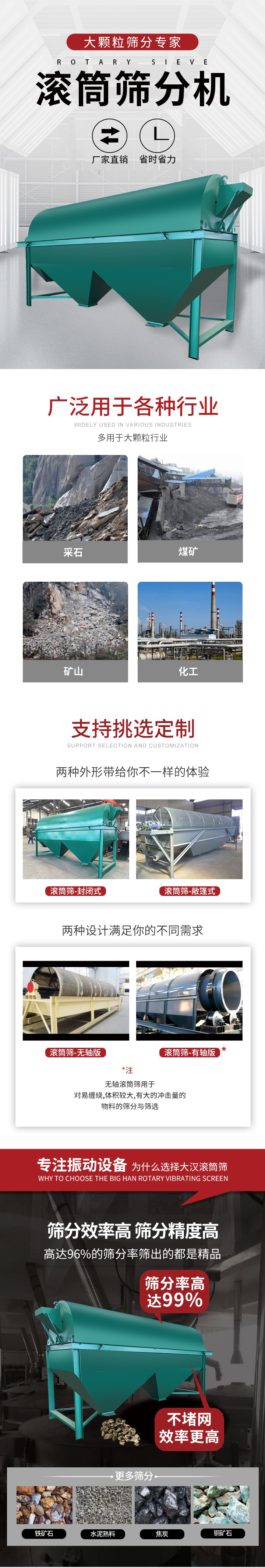滾筒篩分機(jī)大顆粒篩分專家：廠家直銷，省時省力。滾筒篩被廣泛應(yīng)用各種行業(yè)：多用于大顆粒行業(yè)例如：采石，煤礦，礦山，化工等。滾筒篩定制類型有哪些：封閉式與敞篷式產(chǎn)品結(jié)構(gòu)分為：無軸式，有軸式兩種，無軸滾筒篩用于對纏繞，體積較大，有大的沖擊量的物料的篩分與篩選。滾筒篩篩分效率高篩分精度能夠達(dá)到：96%也比較適用于鐵礦石，水泥熟料，焦炭，銅礦石。滾筒篩特點：不飛粉末：密封隔離罩，密封性好，工作過程不會出現(xiàn)飛粉現(xiàn)象。外型尺寸是按筒體長計