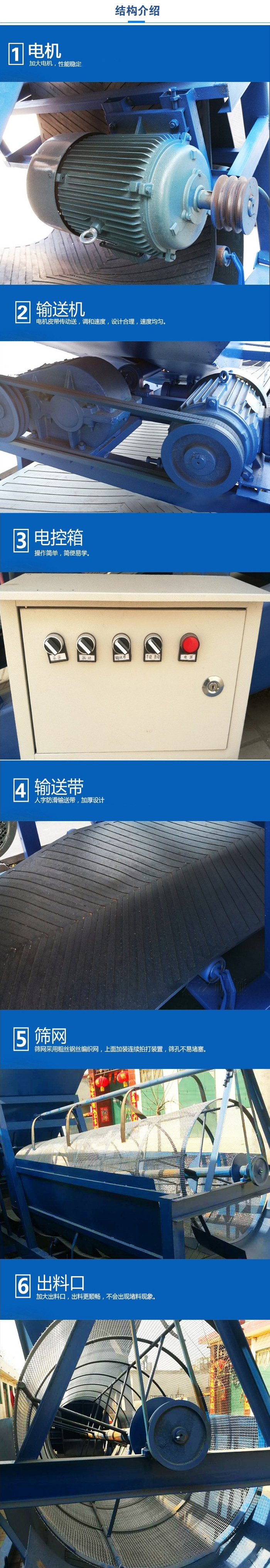 移動篩沙機(jī)結(jié)構(gòu):電機(jī)，加大電機(jī)，性能相對比較穩(wěn)定。輸送機(jī)：電機(jī)皮帶傳動送，調(diào)和速度，設(shè)計合理，速度均勻。電控箱：操作簡單，簡便易學(xué)。輸送帶：人字防滑輸送帶，加厚設(shè)計。篩網(wǎng)，采用粗絲鋼絲編織而成的篩網(wǎng)，上面加裝連續(xù)拍打裝置，篩孔不易堵塞。出料口：加大出料口，出料更順暢，不會出現(xiàn)堵料現(xiàn)象。