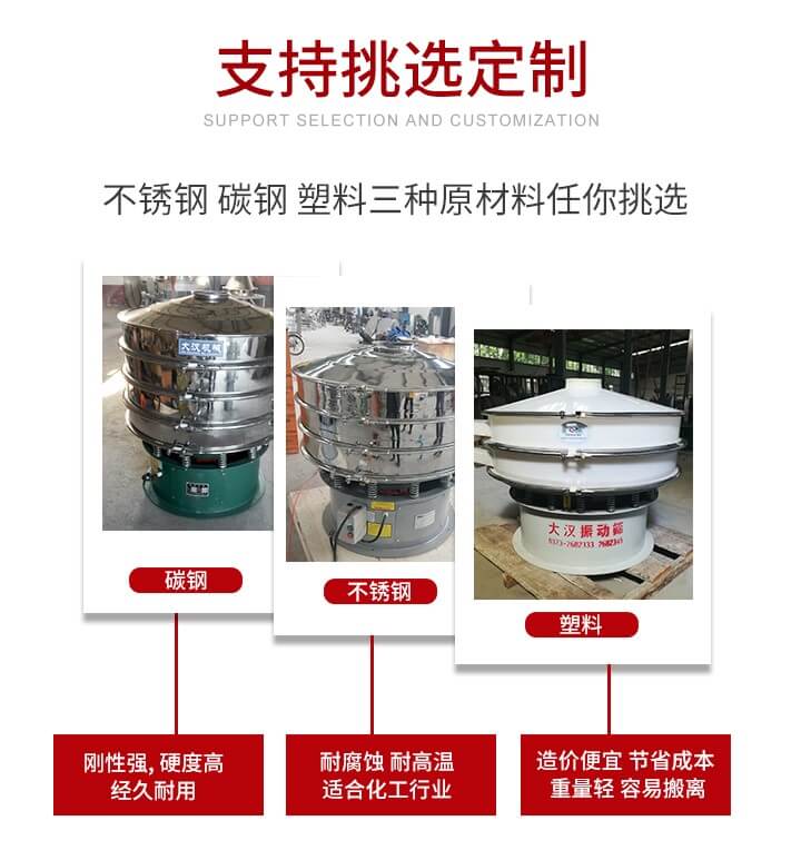 旋振篩可配置一到四層的篩網(wǎng)。旋振篩的篩分效率高，篩分精度高，篩分率高達(dá)96%。