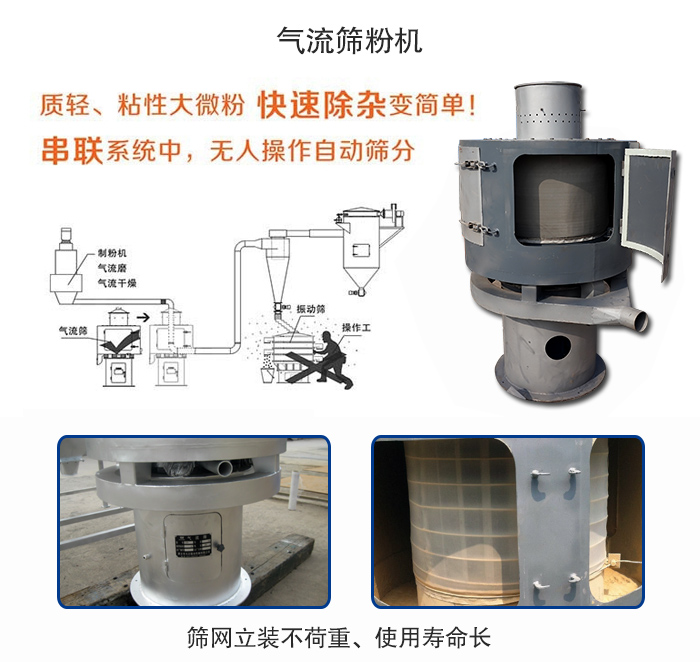 氣流篩粉機適用：質(zhì)輕，粘性大微粉采用串聯(lián)系統(tǒng)重，無人操作自動篩分 特點：篩網(wǎng)立裝不負(fù)重，使用壽命長。