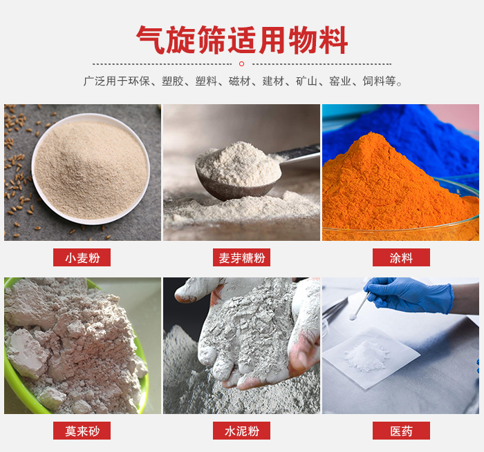 氣旋篩適用物料：小麥粉，麥芽糖粉，涂料，等粉狀物料。