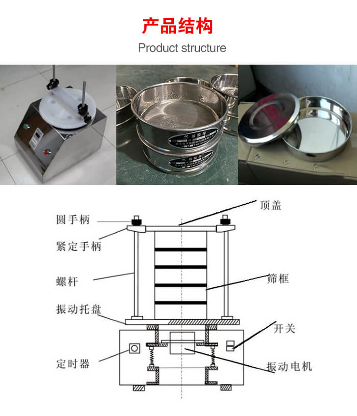 實(shí)驗室振動篩-試驗篩結(jié)構(gòu)主要由：圓手柄，緊定手柄，螺桿，振動托盤，篩框，頂蓋等。