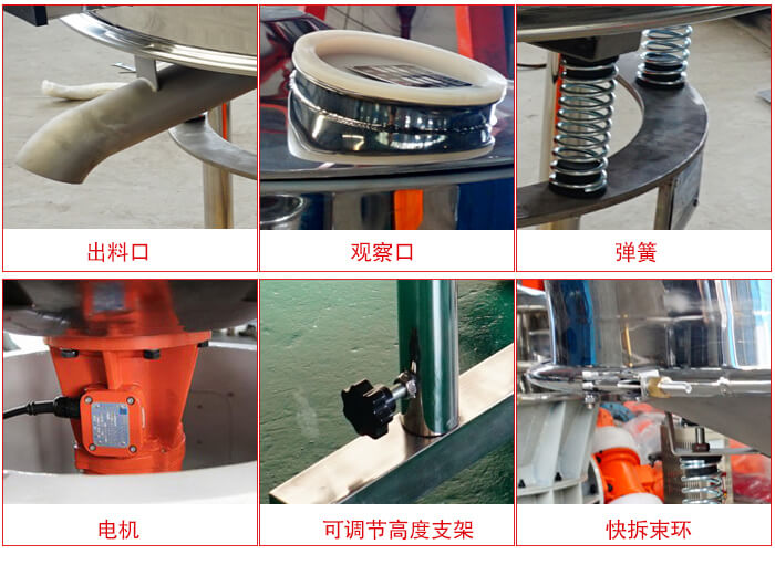 高頻篩細節(jié)展示：出料口，觀察口，彈簧，電機，可調節(jié)高度支架，快拆束環(huán)。
